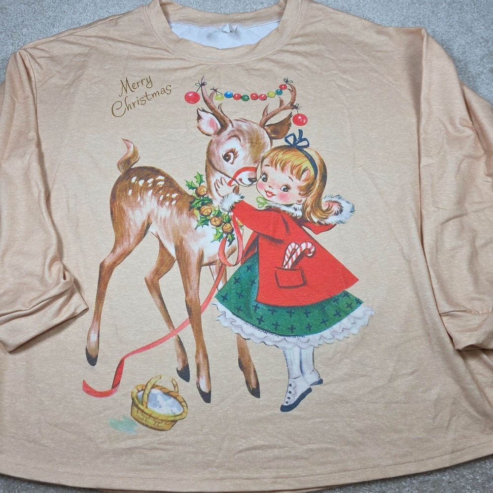 Vintage Merry Christmas T-Shirt Womens 2XL Beige Graphic Long Sleeve Holiday Tee